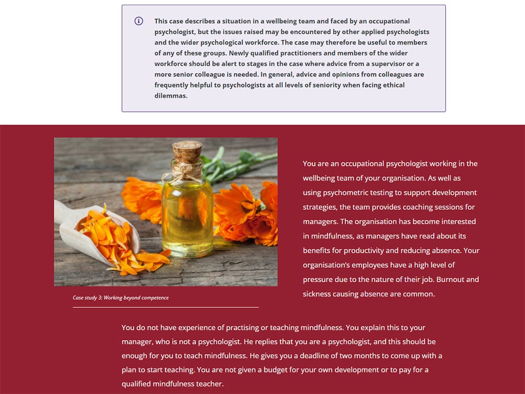 A page from an e-learning course in psychology with case study text and a photo of a glass bottle and orange flower petals